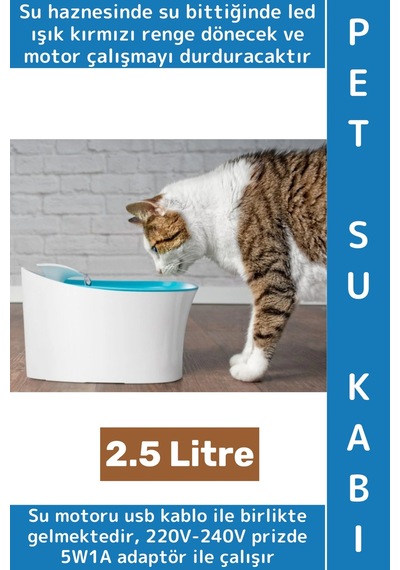 Evcil Hayvan Sessiz Çalışma Geniş Hazneli Aktif Karbon Filtre Otomatik Uyarılı Kedi Köpek Su Kabı
