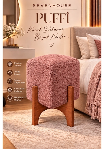 Puffi Ahşap Ayaklı Kare Makyaj Pufu Salon Oturma Pufu Dekoratif Teddy Kumaş Kaplı Puf Gül Kurusu Gül Kurusu