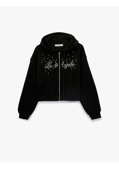 Koton Uzun Kollu Taş Detaylı Şardonlu Kapüşonlu Sweatshirt Siyah 7wal10241ık