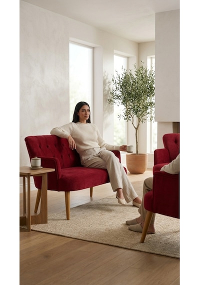 Babyface Kumaş Modern Çay Seti Koltuk Takımı 2+1+1 Ahşap Ceviz Ayak Bordo Bordo