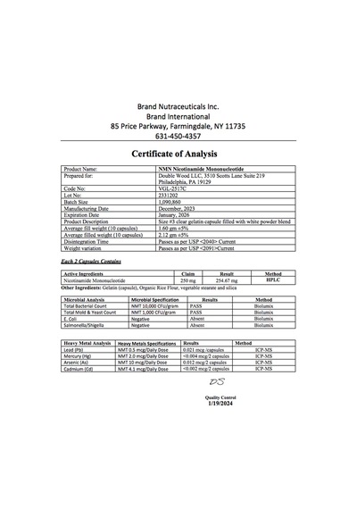 Double Wood Nmn Nicotinamide Mononucleotide Nmn 250mg 60 C...