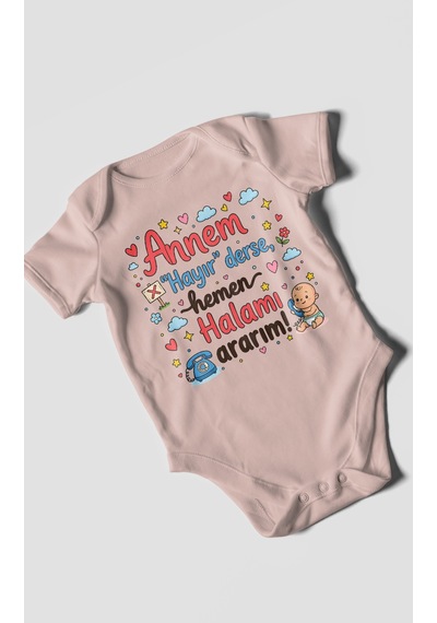 Morivokids Annem Hayır Derse Hemen Halamı Ararım Kısa Kollu Bebek Body %100 Pamuk Pastel Pembe