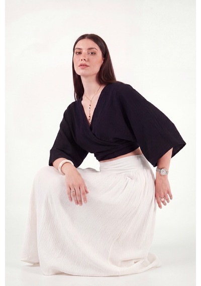 Lela Pamuklu Regular Fit Bağlamalı Crop Kimono Bayan Kimono 668yl2783 Siyah