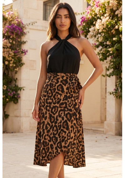 Soulshae Leopar Desenli Asimetrik Midi Etek