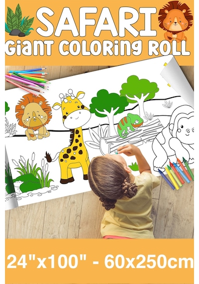 Melolisa Safari Dev Boy Boyama Kağıdı - Animals Kids Coloring Roll - Giant Painting Paper Roll For Kids