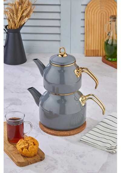 Emaye Özel Tasarım Yapışmaz Yüzey Büyük Boy Demlik Seti Emaye Çaydanlık Üst 1.4 L Alt 2.6 L Gri