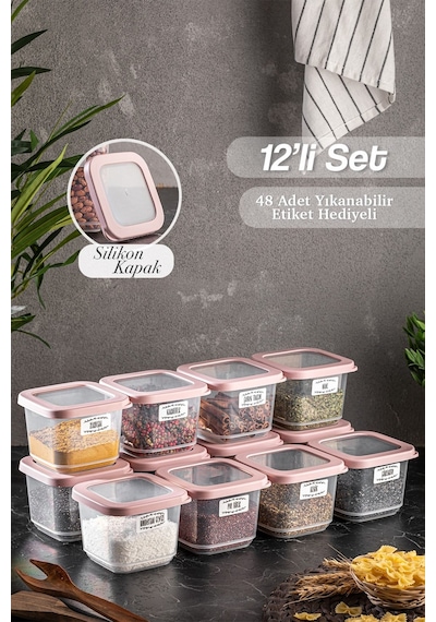 Meleni Home Rosie Küçük Boy Silikon Kapaklı Kare Erzak Saklama Kabı Seti 12'li 12 x 500 ML Pembe