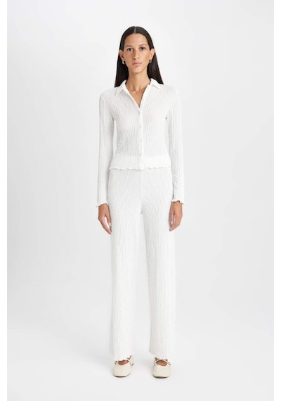 Defacto Regular Fit Beli Lastikli Basic Düz Bürümcük Pantolon D4415AX24AUER105 Ekru