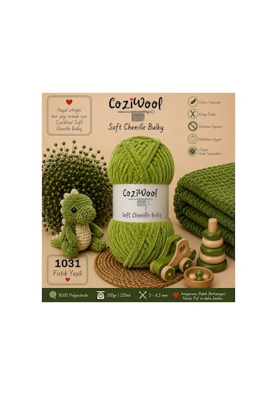 Kadife İp Soft Chenille Bulky 5'li Paket 5x100 Gr 120 Mt El Örgü İpi Fıstık Yeşili - 875823131