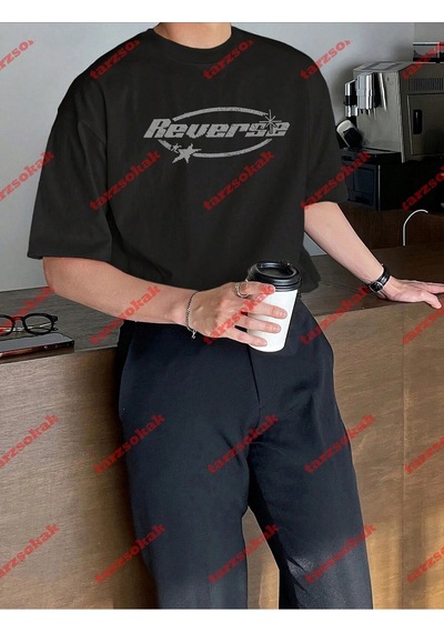 Startmore Unisex Reverse Baskılı Tshirt Siyah Siyah