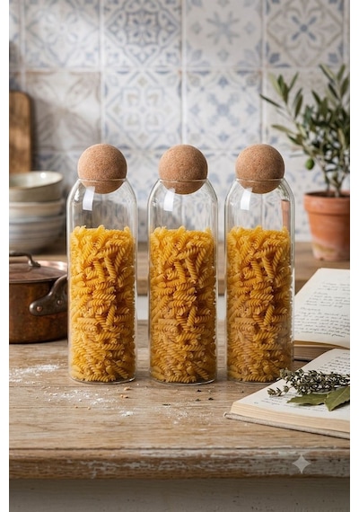 Qerhome Borosilikat Cam Mantar Kapaklı Kavanoz 1250 Ml 3 Adet Düz Şeffaf