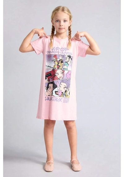 Defacto Kpop - Demon Hunters Kısa Kollu Elbise Kız Çocuk H8109a826smpn636 Pembe-pn636