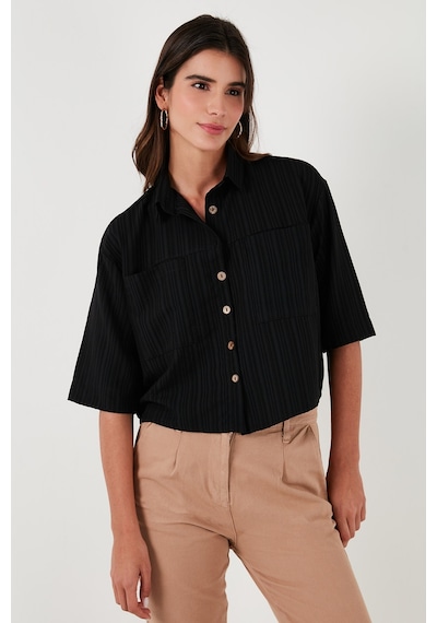 Lela Regular Fit Çift Cepli Kısa Kollu Bayan Gömlek 5865644 Siyah