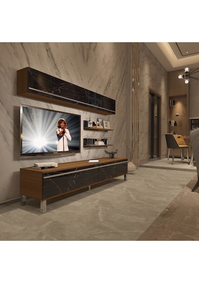 Decoraktiv Eko 5 Mdf Std Krom Ayaklı Tv Ünitesi Tv Sehpası Ceviz - Siyah Mermer