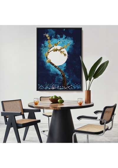 Çerçeveli Altın Çiçekli Ağaç Ve Ve Ay Kanva Tablo, Soyut Çağdaş Sanat Örneği-4971