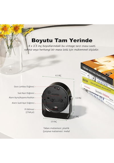Valkyrie Sessiz Çalışan Mini Masa Saati Akıcı Mekanizma, Gece Işıklı, Şık Dekoratif Siyah
