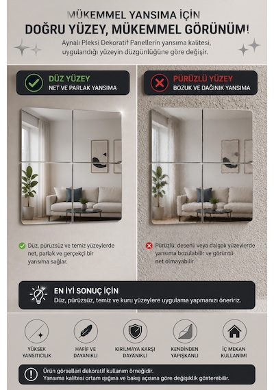10 Adet Dekoratif Kare Gümüş Pleksi - 10x10, 15x15, 20x20, 25x25, 30x30, 35x35, 40x40 Cm Kendinden Yapışkanlı Duvar Dekorasyonu Ürünü Pleksi Gümüş