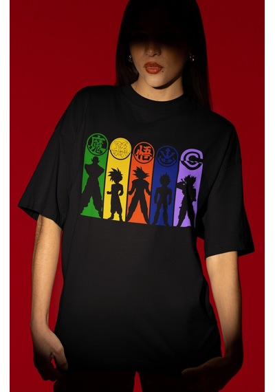 Dragon Ball Anime Karakterler Ön Baskılı Unisex Oversize Tişört Siyah