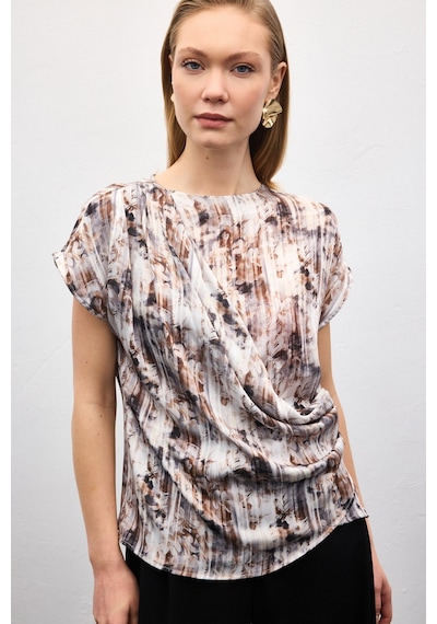 Sateen Pileli Kolsuz Bluz - Kahve-136863 kahve