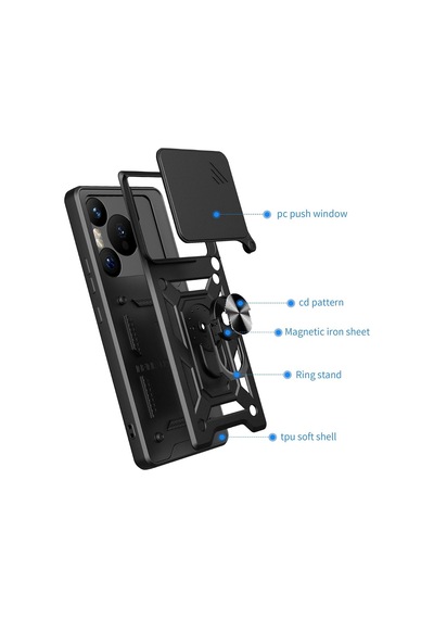 Caseonn Huawei Pura 80 Pro Kılıf Sürgülü Kamera Korumalı Yüzüklü Mıknatıslı Tank Kapak Siyah