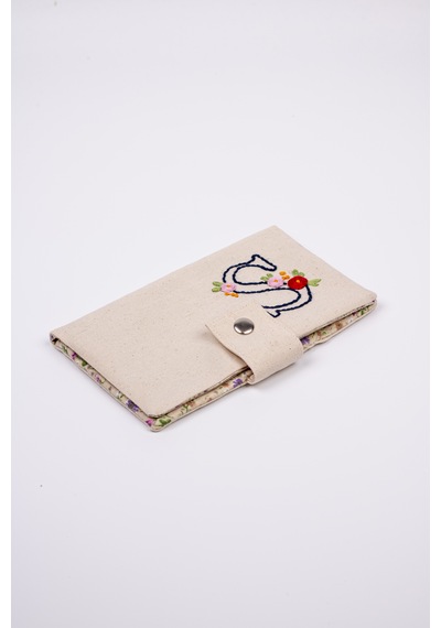 Fabric Craft Bag Kişiselleştirilebilir Kadın Cüzdan Ve Nakışlı Anahtarlık Seti Baş Harf İşlemeli Krem