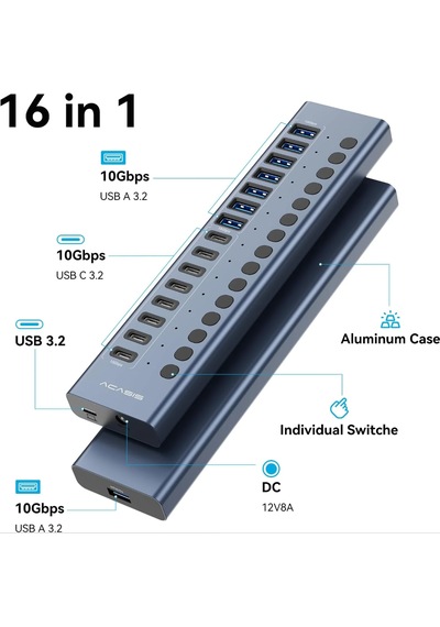 Acasis Hb16 Pro 16 Port Usb Hub, 8x Usb-a, 8x Usb-c, 10gbps, 96w Adaptörlü Ac Hb16pro