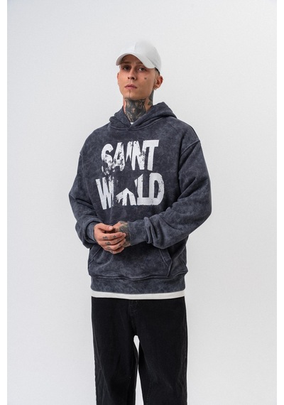 Respire Erkek Star Baskılı Yıkamalı Kapüşonlu Oversize Hoodie Siyah