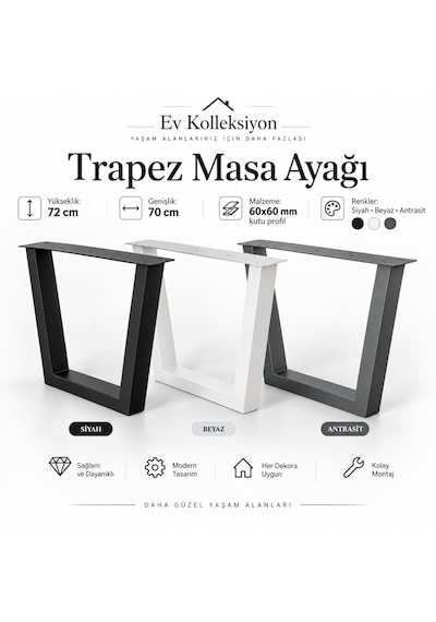 Evkolleksiyon Trapez Tipi Metal Masa Ayağı 2'li Takım 60x72 Cm 60x60 Çelik Profil Antrasit