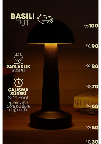 Şarjlı Mantar Masa Lambası Metal Dokunmatik 3 Işık Parlaklık Ayarlı Gece Masa Üstü Lamba Siyah A4 Siyah