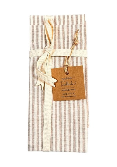 %100 Pamuk İpliği Boyalı Çizgili Tek Kişilik Yastık Kılıfı 2'li Set - 50x70 Cm Naturel Cep Detaylı Kahverengi