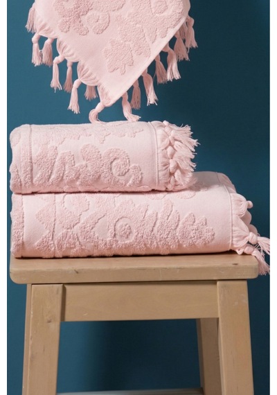 %100 Pamuk 2'li Bağlamalı Lüks, Jakarlı, Çeyizlik Banyo Havlu Seti 1 Adet 50x90, 1 Adet 100x150 Pembe