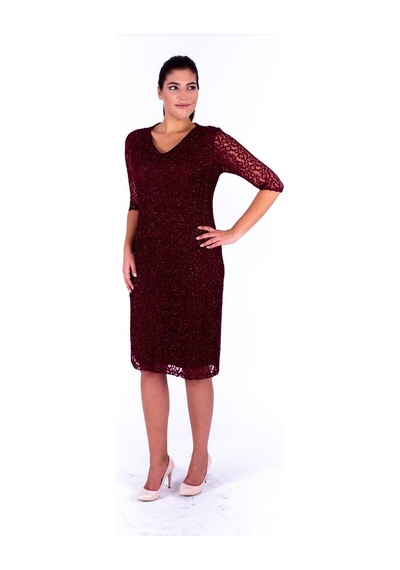Nidya Moda Büyük Beden Kadın Bordo Dantel Abiye Elbise-4009Yb Bordo