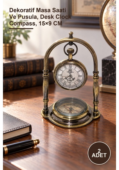 2 Adet Pirinç Masaüstü Pusulalı Saat Dekoratif Masa Saati Ve Pusula, Desk Clock Compass, 15 9 Cm Diğer