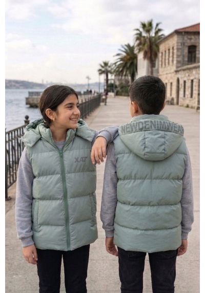 Pina Kids Unisex Çıtçıt Kapüşonlu Baskılı Şişme Yelek Mint Yeşili