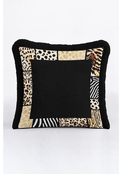 Safari Patchwork Saçaklı Yastık Kılıfı-lüks Afrika Bohem Siyah Altın Renkli Püsküllü Kırlent Kılıfı Tozlu Zeytin
