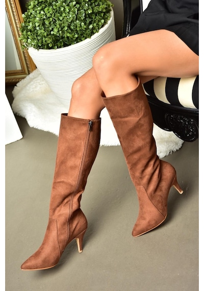Fox Shoes R372453002 Taba Süet İnce Topuklu Kadın Çizme Taba