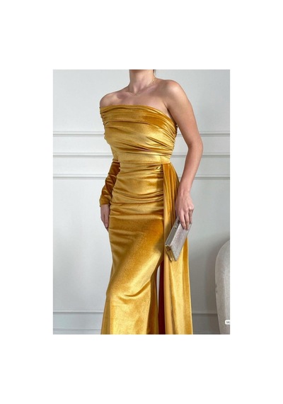 DefyModa Kadın Vintage Tek Omuz Kuyruklu Balık Kesim Abiye Elbise Sarı