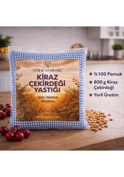 Strauss Home Kiraz Çekirdeği Yastığı Mikrodalga, Boyun Ve Omuz Kiraz Çekirdeği Yastığı, Pamuk Kumaş 50x20cm Deniz Mavisi