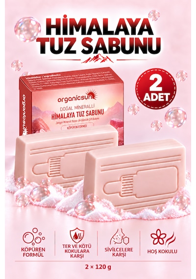 Organicsun Himalaya Tuz Sabunu 120 Gr X 2 Adet Köpüren Formül - Zengin Doğal Mineralli Pembe Himalaya Kaya Tuzu Sabunu