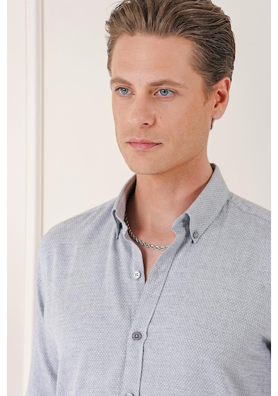 Efor Slim Fit Düğmeli Yaka Dokulu %100 Pamuk Klasik Açık Gri Gömlek Gk 724 Gri