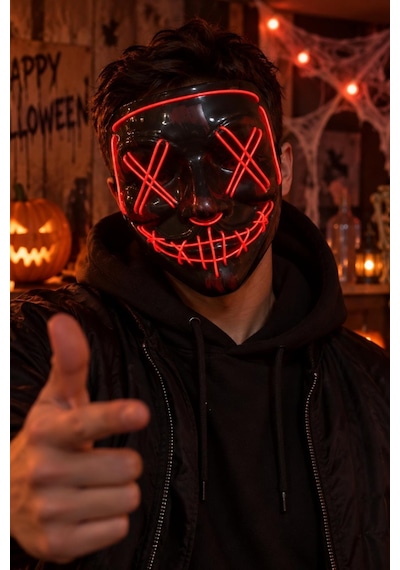 Cadılar Bayramı Kırmızı Neon Işıklı Purge Maske Led Korku Maskesi Tüm Yaşlar