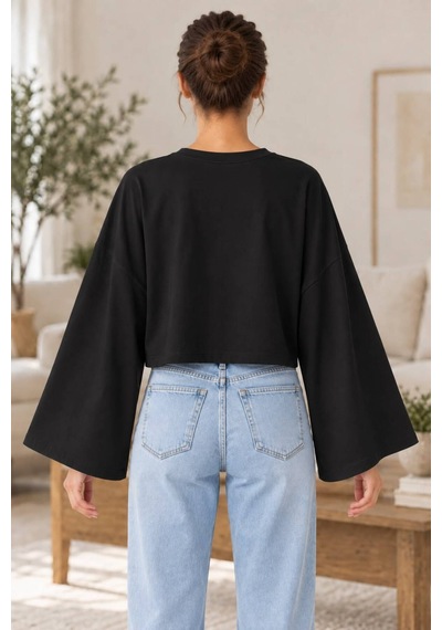 Genel Markalar Kadın Oversize Crop Geniş Kollu Basic Sweatshirt SiYAH