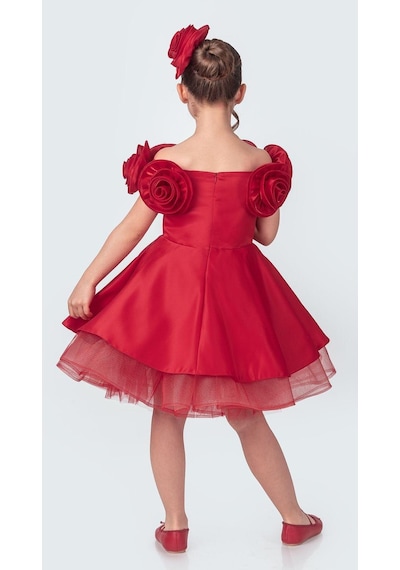 Mnk Baby & Kids Fanari Krep Saten Gren Destekli Kız Abiye M00735 Kırmızı