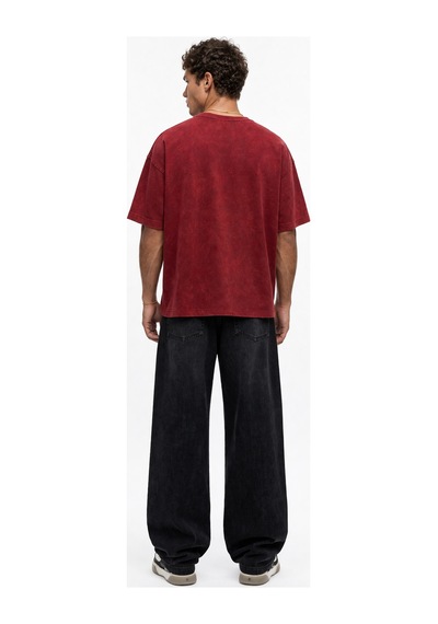 Respire Erkek 22 Nakışlı Yıkamalı Oversize T-shirt Bordo