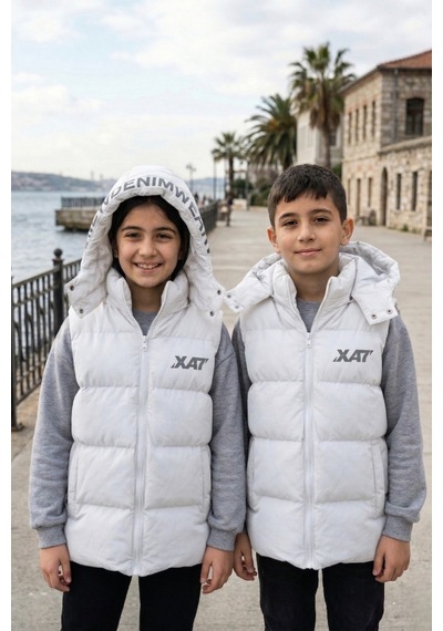 Pina Kids Unisex Çıtçıt Kapüşonlu Baskılı Şişme Yelek Beyaz