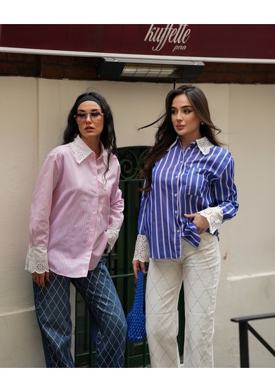 Loısy Kadın Kol Ve Yaka Vintage Detaylı Gömlek Pembe