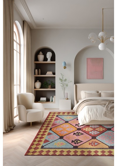 Mihrimah 503 Pembe Turuncu Etnik Halı Vintage Halı Yıkanabilir İnce Dokuma Salon Oturma Odası Halısı