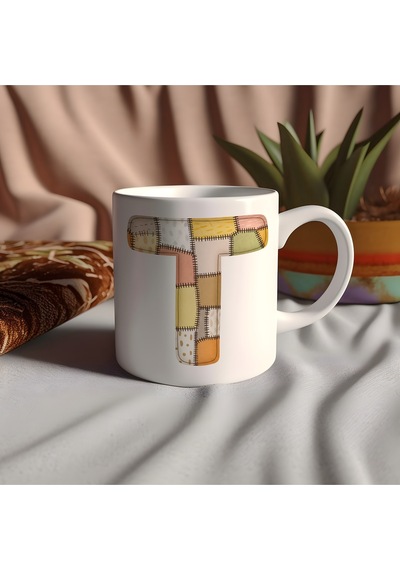 T Harfi Renkli Yamalı Tasarım Kupa Bardak - Bohem Patchwork Desenli Kupa - Etnik Hediyelik Beyaz