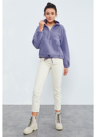 Tommy Life Açık Eflatun Yarım Fermuar Etek Ucu Büzgülü Kadın Polar Oversize Sweatshirt - 97171 Eflatun