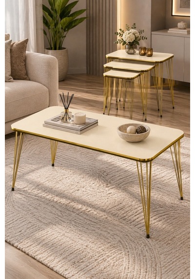 Sulorahome Krem Renkli Gold Tel Ayaklı 4'lü Sehpa Seti Bej - Altın